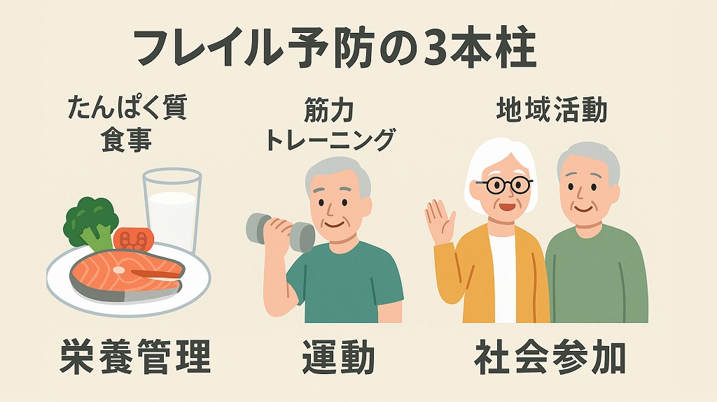 フレイル予防の基本は「食事・運動・社会参加」