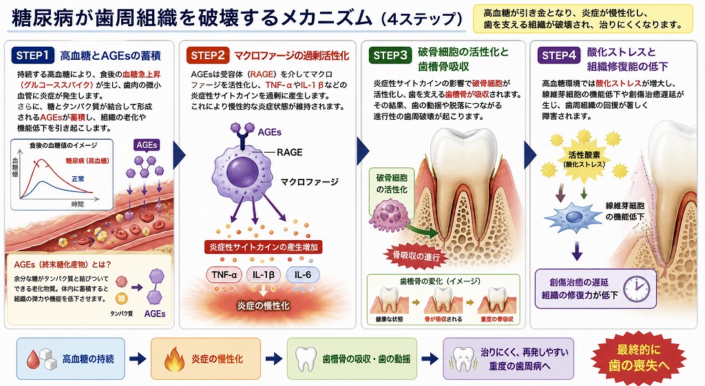糖尿病が歯周組織を破壊するメカニズム（4ステップ）