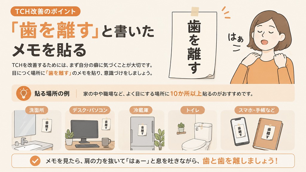  TCH改善のポイント　「歯を離す」と書いたメモを貼る