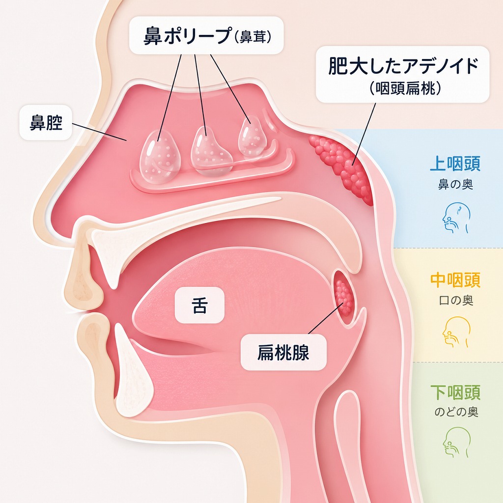 鼻呼吸を妨げるアデノイド（咽頭扁桃）の肥大、鼻ポリープ（鼻茸）の模式図
