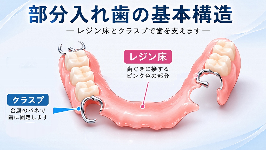 部分入れ歯の支持・把持・維持を示す模式図