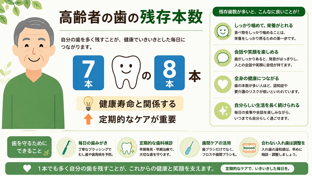 高齢者の歯の残存本数とは？平均値・健康への影響・歯を守る方法を解説
