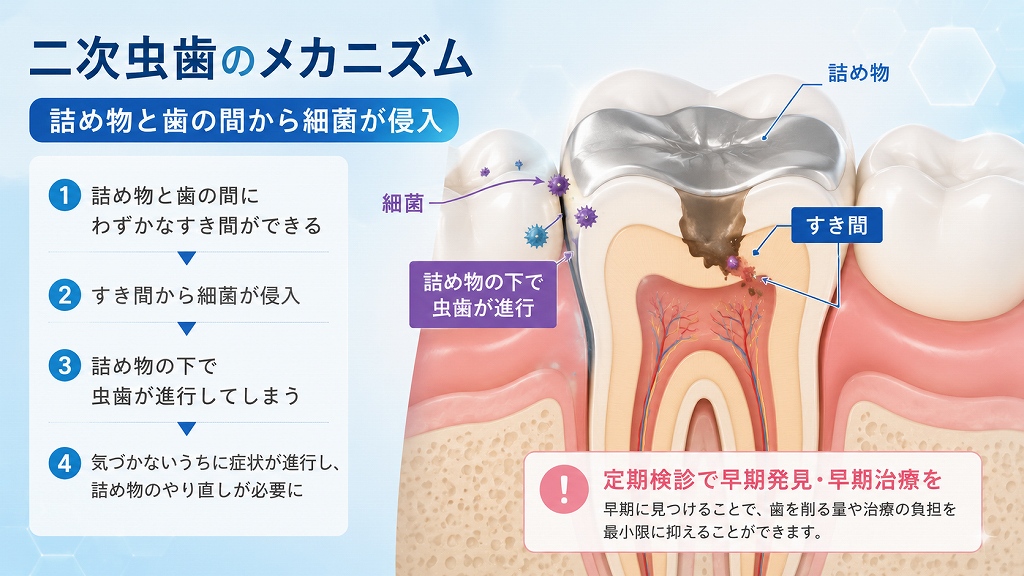 二次虫歯：詰め物と歯の間から細菌が侵入している模式図