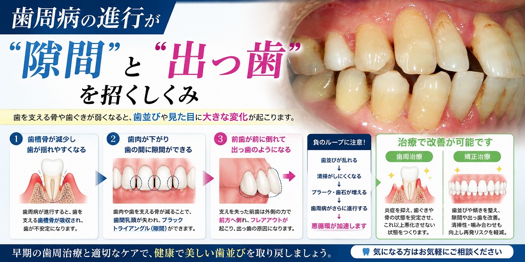 歯周病の進行が「隙間」と「出っ歯」を招くしくみ