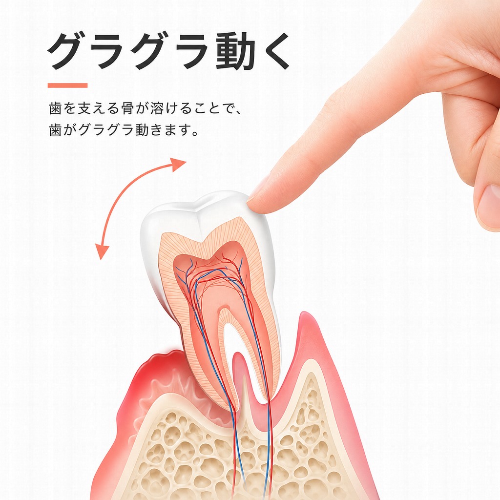 重度歯周病では指で押すと強い動揺がある