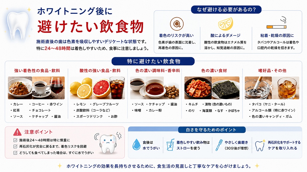 ホワイトニング後に避けたい飲食物