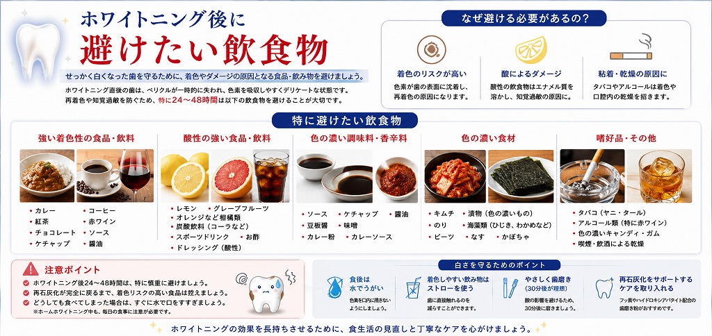 ホワイトニング後に避けたい飲食物